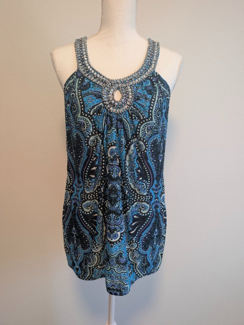 INC Women Paisley Blouse Rhinestone Tank Top Y2K Boho Large